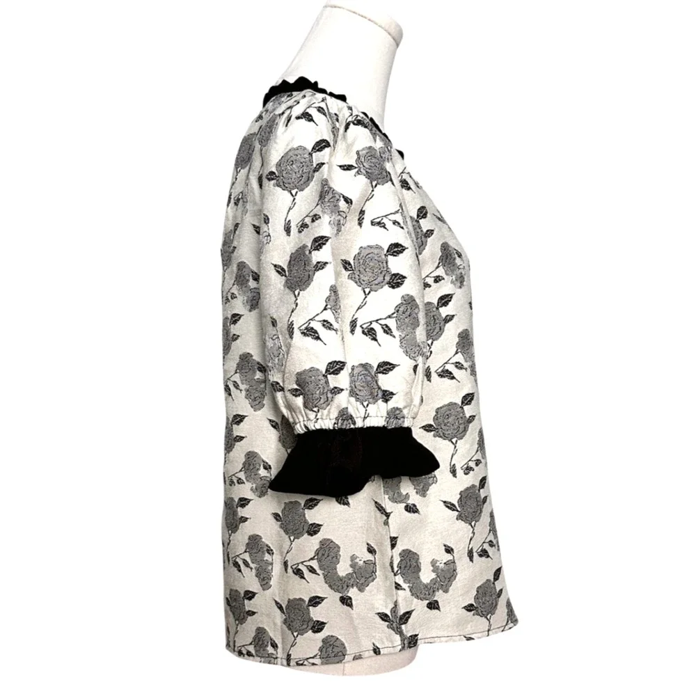 Voy NWT Black White Jacquard Rose Print Puff Sleeve Blouse Small Romantic - Picture 3 of 9